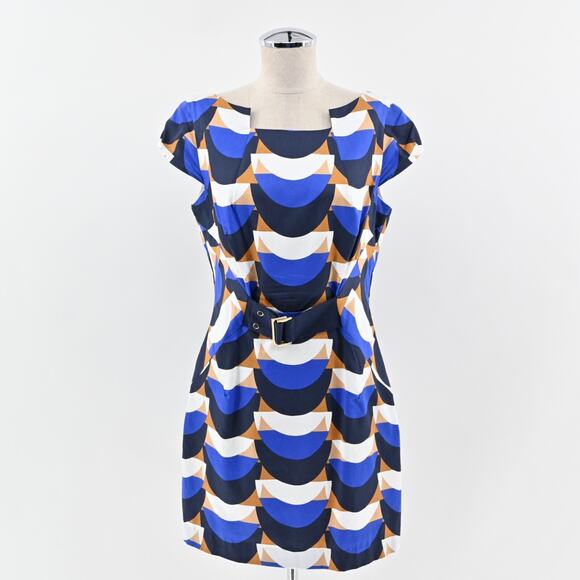 Milly Dresses & Skirts - MILLY‎ Mini Sheath Dress Size 10 Blue Geometric Print Cotton Boat Neck Retro USA